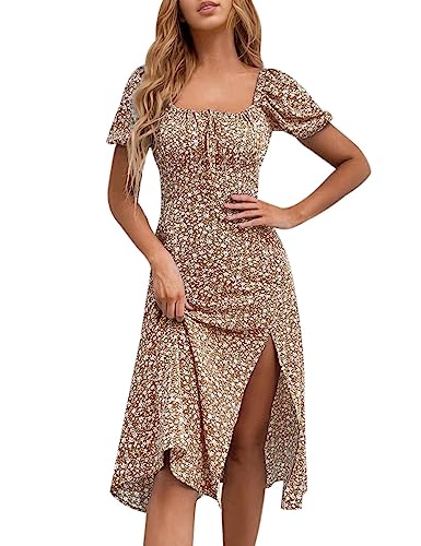 SPRIME Women's Floral Summer Casual Dress Square Neck Puff Sleeve Boho Midi Dresses Ruched Bust High Waist Split Long Dress