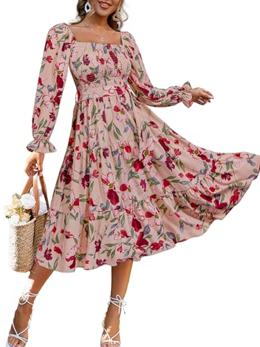 Amegoya Women's Floral Long Sleeve Midi Dress Boho Wedding Guest Dress Square Neck Smocked Tiered Flowy Dress (Floral Pink L)