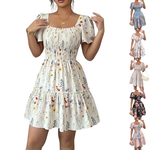Square Neck Summer Dresses for Women 2026 Vacation Smocked Floral Mini Dress Flowy Flutter Short Sleeve Babydoll Dress Boho Short a Line Tiered Ruffle Tea Party Sundress Cute Dresses Teen Girl