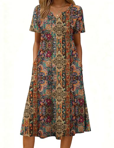 Zeagoo Short Sleeve Midi Dress Women Summer Casual Floral A-Line Flowy Beach Vacation Tropical Boho with Pockets Loose Knee Length 2026