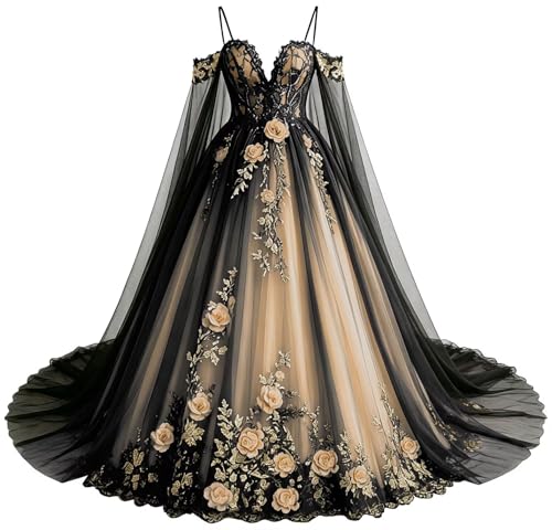 Mauuwy 3D Flowers Quinceañera Dress with Cape Champagne 26Plus Size