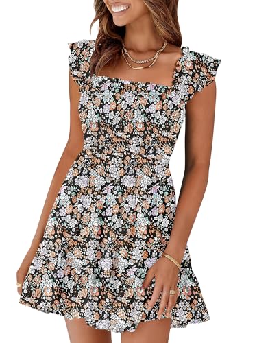 Prinbara Womens Summer Casual Square Neck Smocked Short Sundress 2026 Spring Beach Vacation Flowy Cute Teen Girl Boho Dresses Pattern Floral Butterfly Flower Small