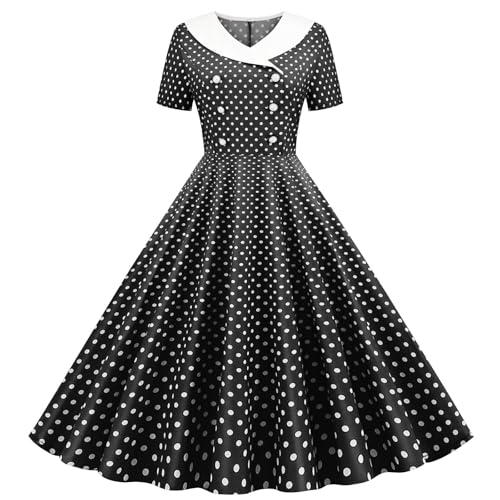 Women 1950s Vintage Short Sleeve Peter Pan Collar Retro Swing A Line Midi Dress Cocktail Party Evening Prom Gown Black
