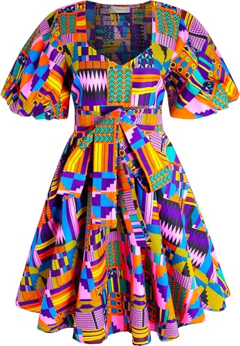 HongyuAmy Women's African Print Dress Ankara Wax Dresses Lantern Sleeves(Large,Color E)