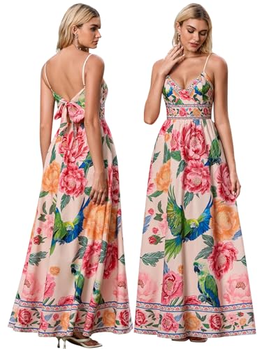 HTZMO Women Summer Floral Maxi Sundress Boho Beach Long Dress Pink Green