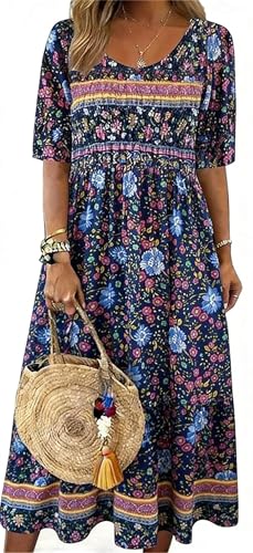 Kubsid Womens Boho Dress Summer Casual 2026 Short Sleeve Loose Fit Floral Maxi Dress Flowy Beach Vintage Sundress Purple Floral 2XL