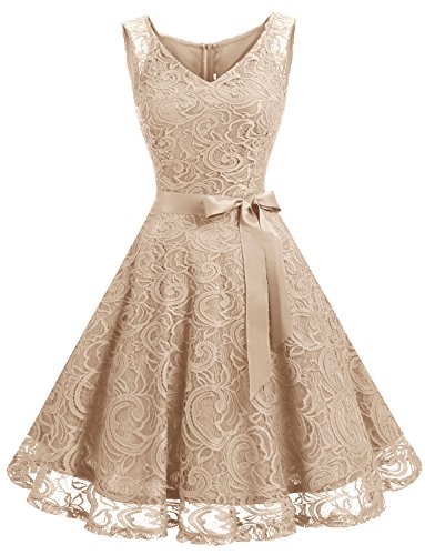 Dressystar Women’s Lace V Neck Short Bridesmaid Cocktail Dress Champagne XL