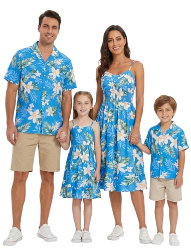 AWIBMK Hawaiian Family Matching Outfits Mother Daughter Tropical Dresses and Father Son Aloha Shirts for Beach Vacation Summer Family Photos Luau Party Women Blue + White Flower S