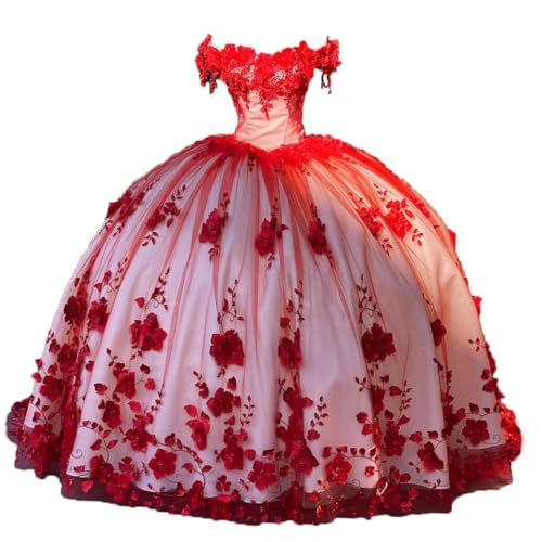 XIAOMANYAO Women's Off The Shoulder Quinceanera Dresses Tulle 3D Flowers Party Gowns Lack Up Sweetheart 15 16 DressesRed 2
