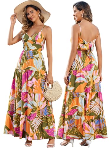 HTZMO Women Summer Floral Maxi Sundress Boho Beach Long Dress Green Floral