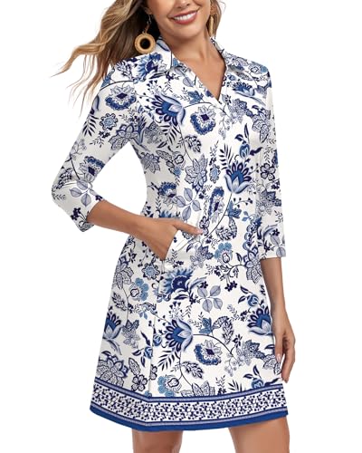 Soneven Women's 3/4 Sleeve Dress with Pockets UPF 50+ Sun Dress Breathable Quick Dry Beach Cover Ups