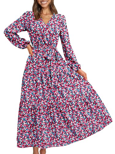 PRETTYGARDEN Womens Long Sleeve Boho Floral Wrap Maxi Dress Purple Flower