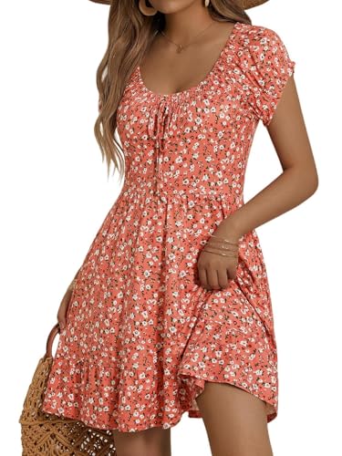 HUHOT Orange Floral Cute Scoop Neck Mothers Day Western Summer Dresses Beach Cowgirl Sundress Over 50 Vestidos De Vera Spring Milkmaid Sun Dress Women Seniors Teens Flowy Casual