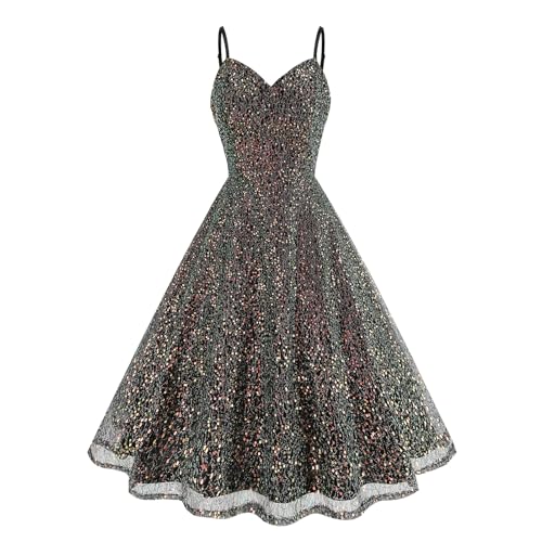 Women's Glitter Sequin Dress Spaghetti Strap Sparkle Party Dresses Sleeveless V-Neck A-line Bridesmaid Cocktail Dress Glittery Sparkly Homecoming Dress Short Birthday Wedding Guest Dresses Black M