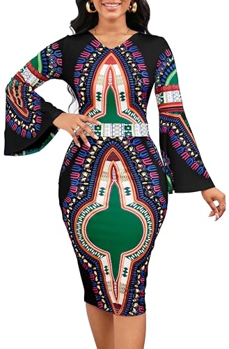 SxClub African Printing Dresses for Women Long Flare Sleeve Pencil Outfits