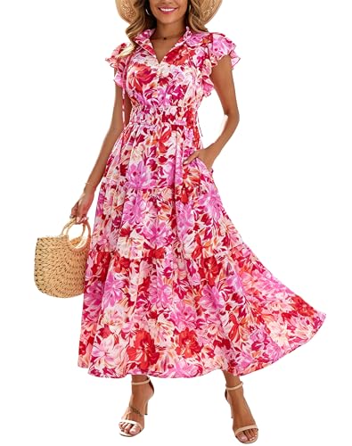 Kranda Summer Dress 2026 Spring Self-tie V Neck Ruffle Short Cap Sleeve Empire Waist Casual Long Tiered Beach Floral Boho Rose Red Floral Maxi Dress with Pockets L