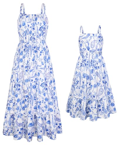 GRACE KARIN Mommy and Me Floral Smocked Dress,Spaghetti Strap Boho Dress,Summer Maxi Dress with Pockets Blue Flower