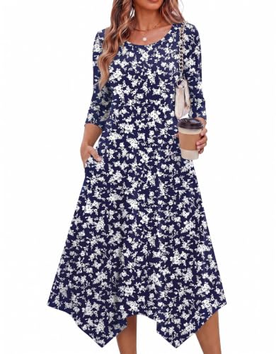Zeagoo Dress for Women 3/4 Sleeve Flowy Midi Dresses Aline Tshirt Sundress with Pockets Elegant Dresses with Sleeves Flower Branch XXL