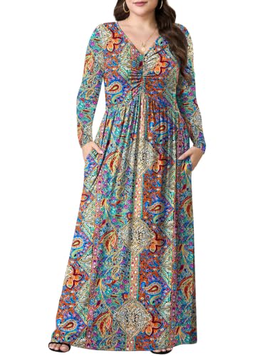 PEVRL Plus Size Long Sleeve Maxi Dresses for Curvy Women,Vintage Cashew,5X