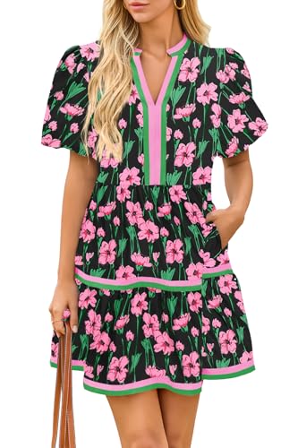 Cicy Bell Womens Summer Puff Sleeve V Neck Floral Mini Boho Beach Dresses