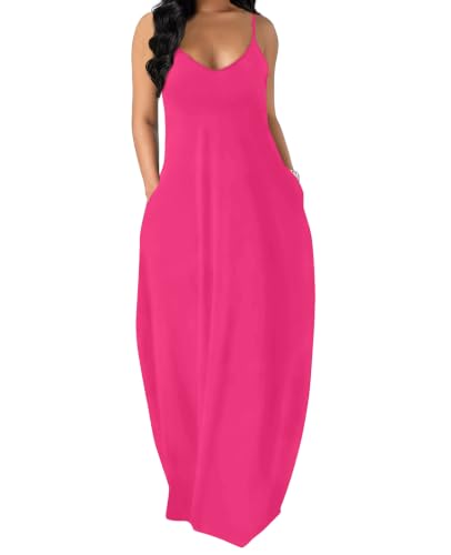 OFEEFAN Womens Summer Dresses Casual Dresses Spaghetti Strap Maxi Dress Valentine Dress Hot Pink L