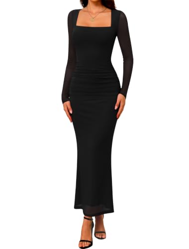 IWD Women's Square Neck Long Sleeve Maxi Dress Ruched Mesh Bodycon Fall Cocktail Dresses Formal Long Homecoming Dresses Black Large