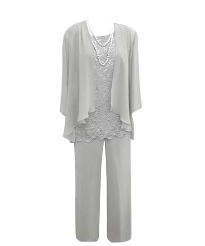 3 Pieces Mother of The Bride Dress Pant Suits with Jacket for Wedding Long Sleeve Lace Formal Outfits for Women PG028 Silver