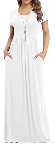 VIISHOW Women's Short Sleeve Loose Plain Maxi Dresses Casual Long Dresses with Pockets (White X-Large)