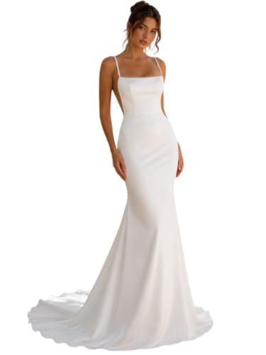EDECPBM Square Neck Satin Wedding Dress Pearl Spaghetti Strap Mermaid Bridal Gown White