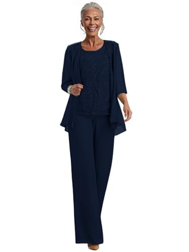 Chiffon Appliques Mother of The Bride Pant Suits 3 Pieces Women Formal Wedding Dress with Jacket Navy Blue 18W