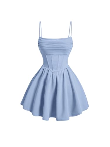 SHENHE Women's Ruched Corset Dress Spaghetti Strap Flowy Mini Cami Dress