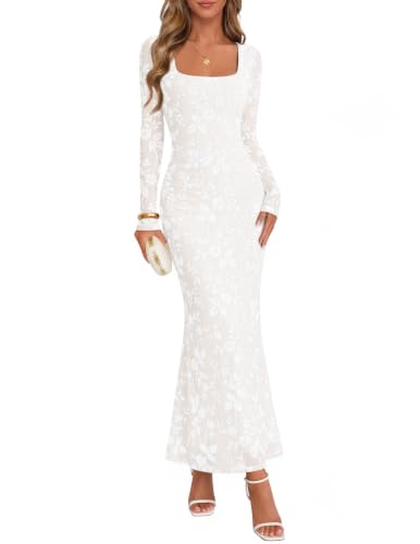 MEROKEETY Womens Fall Wedding Guest Long Sleeve Maxi Dress, White, Medium