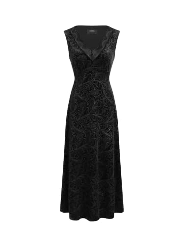 CIDER Fall Velvet Maxi Dress Women V Neck Lace Trim Sleeveless Dress Black | Wedding Guest Dress, Formal Dress, Elegant Trendy Party Dress: Black, M