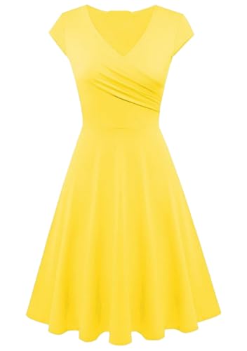 YMING Women Plain 50s Dresses Swing Summer Midi Dresses Yellow S | Flared Slim Wrap V Neck Dress,Vintage Casual Dresses,Dressy Rockabilly Midi Dresses,for Church,Dinner,Graduation,XS-3XL
