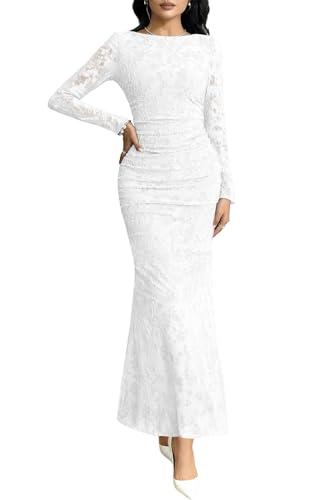 MITILLY Fall Long Sleeve Dress for Women Formal Wedding Guest, White, M