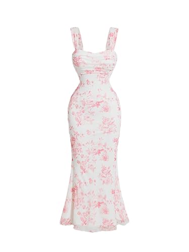 GORGLITTER Women's Floral Ruched Bodycon Summer Wedding Guest Dress Mesh Fishtail Cocktail Midi Sun Dresses 2025 Pink Floral Medium
