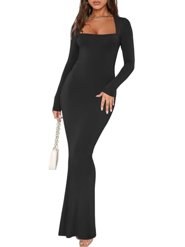 REORIA Women's Sexy Going Out Square Neck Long Sleeve Bodycon Maxi Dress Fall Casual Ribbed Soft Lounge Dresses Black Medium