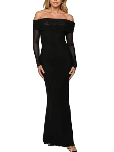BORIFLORS Women's Off The Shoulder Bodycon Wedding Guest Maxi Dress,L,Black | Mesh Ruched, Fall Winter, Elegant Trendy, Cocktail Party Long Formal Dresses