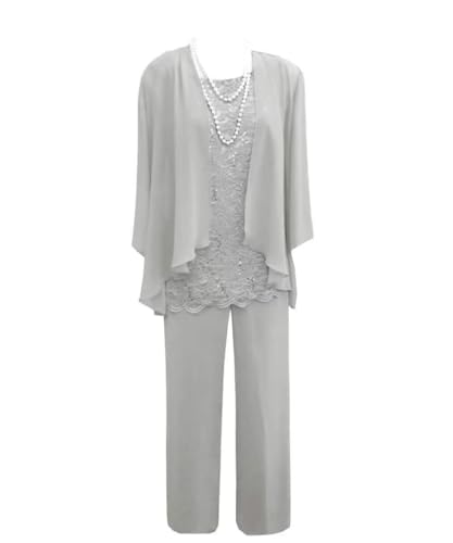 Silver Chiffon 3 Pcs Pants Suits for Women Dressy Wedding Guest Lace Mother of The Bride for Women with Jacket 2
