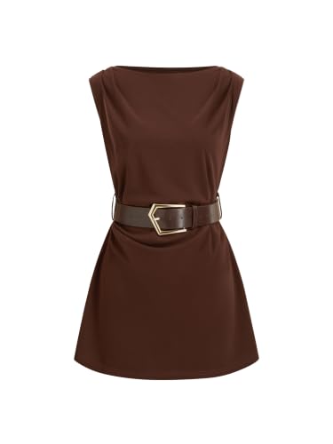 CIDER Women's Boat Neck Ruched Belted A Line Mini Dress: Brown, M