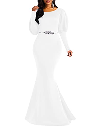 Memoriesea Women's Elegant Long Puff Sleeve Crew Neck Bodycon Mermaid Evening Gown Maxi Dress White