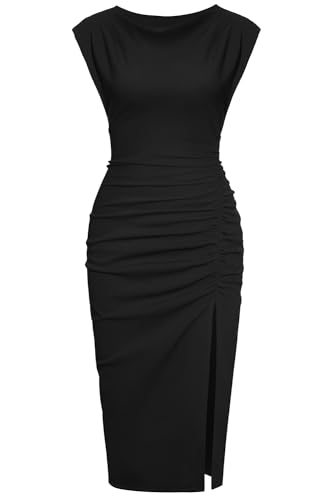 IHOT Dresses for Women 2024 Sexy Ruched Bodycon Semi Formal Wedding Guest Cocktail Party Little Black Dress Midi Length Black S