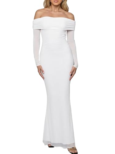 BORIFLORS Women's Off The Shoulder Bodycon Wedding Guest Maxi Dress,M,White | Mesh Ruched, Fall Winter, Elegant Trendy, Cocktail Party Long Formal Dresses