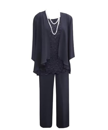 Mother of The Groom Dresses for Wedding 3 Pieces Pant Suits Chiffon Lace Formal Dress for Women Evening Party 16 Navy Blue