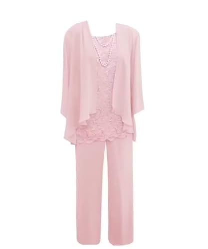 3 Pieces Mother of The Bride Dress Pant Suits with Jacket for Wedding Long Sleeve Lace Formal Outfits for Women PG028 Blush Pink