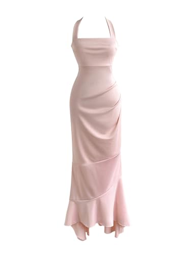 Floerns Women's Elegant Halter Maxi Dress Sleeveless Fishtail Prom Wedding Guest Dresses Light Pink X-Small