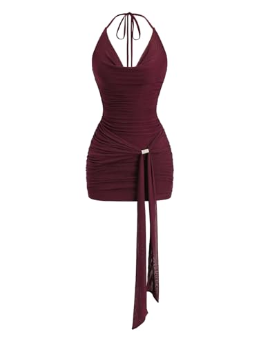 Floerns Women's Sexy Halter Draped Neck Ruched Tie Front Mini Dresses