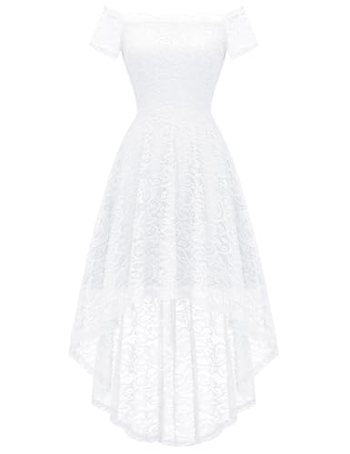 Dressystar Women's Lace Cocktail Dress Hi-Lo Off Shoulder Bridesmaid Swing Formal Party Dress 0042 White M