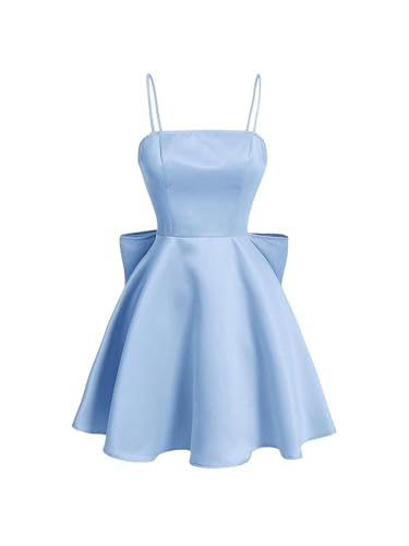 WDIRARA Women's Satin Bow Homecoming Dresses Spaghetti Strap Wedding Guest Gown Summer Mini Dress Blue