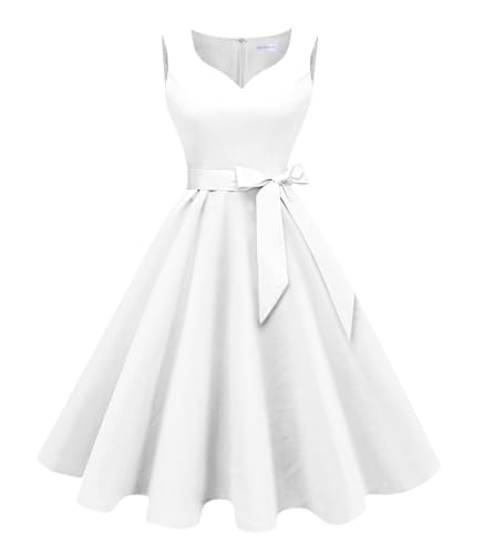 Girstunm 1950s Sleeveless Tea Party Swing Pockets Dress White XL | A-Line Retro Cocktail Dress, Swing Casual Party Dress, Wedding Guest Dresses, Birthday Party Dress, Hepburn Style Dress